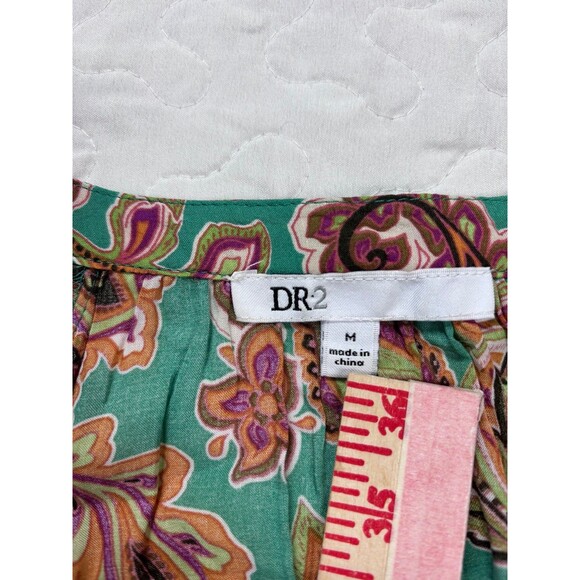 DR2 Green Paisley Floral Print Drawstring Short Sleeve Blouse size medium - Picture 5 of 5